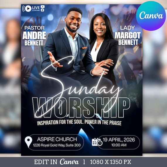 Editable Church Worship Flyer Template for Sunday Service, Gospel Events, Praise & Revival - Modern Canva Design