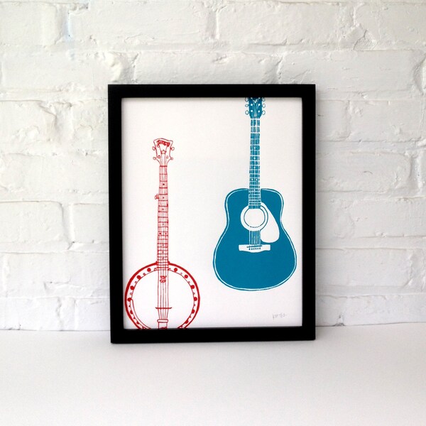 Banjo and Guitar Screen Printed Poster 11 x 14, Red and Blue