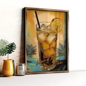 Long Island ijsthee poster, retro drankje print, bar cart woondecoratie, signature drankje kunst aan de muur, cocktail poster voor thuisbar, keuken