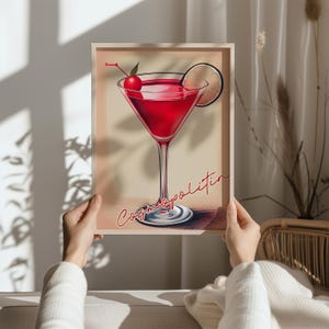 Plakat Cosmopolitan, wydruk retro drinka, dekoracja domu wózka barowego, drink z podpisem, prezent na parapetówkę, klasyczny plakat koktajlowy, kuchnia domowa