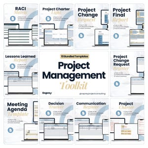 May include: A collection of project management templates, including RACI Matrix, Project Charter, and Final Report, displayed on laptop screens. The title "Project Management Toolkit" is prominently featured, with the Osprey logo and website address.