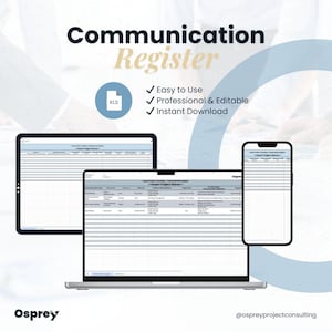 May include: A digital communication register displayed on a tablet, laptop, and smartphone. The image includes the text "Communication Register", "Easy to Use", "Professional & Editable", and "Instant Download". The Osprey logo and the website address are also visible.