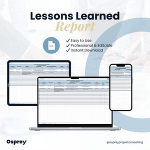 May include: A digital marketing image featuring a laptop, tablet, and smartphone displaying a "Lessons Learned Report" template. The image includes the text "Easy to Use," "Professional & Editable," and "Instant Download."