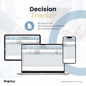 Peut inclure: Maquette de produit numérique présentant un tableur de suivi des décisions affiché sur un ordinateur portable, une tablette et un smartphone. L'image comprend le texte "Decision Tracker", "Easy to Use", "Professional & Editable" et "Instant Download". Le logo Osprey est également visible.