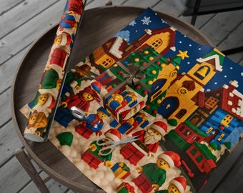 Papel de regalo LEGO Christmas Village con tren, minifiguras y pueblo nevado / Papel de regalo festivo LEGO / Escena navideña LEGO