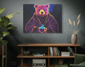 Neon Bear Drinking Coffee Canvas Wall Art  Grumpy Bear Coffee Lover Print  Funny Neon Coffee Shop Decor for Kitchen Bedroom or Office