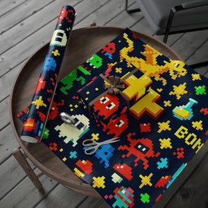 Pixelated Retro Gamer Wrapping Paper 8-Bit Video Game Gift Wrap for Gamers Birthdays Holidays Nerdy Geeky Gifts