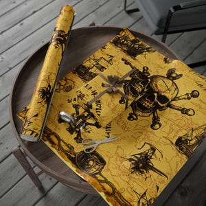 Papel de regalo pirata, mapa del tesoro vintage, papel de regalo, decoración de fiesta pirata, calaveras y huesos cruzados, barcos, monedas de oro, niños y adultos