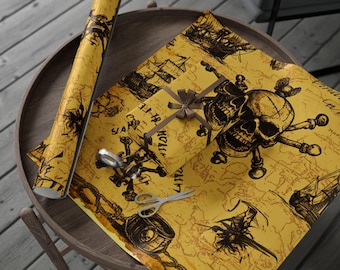 Pirate Wrapping Paper Vintage Treasure Map Gift Wrap Pirate Party Decor Skull and Crossbones Ships Gold Coins Kids and Adults