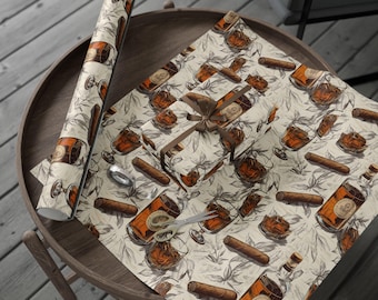 Bourbon and Cigar Wrapping Paper Whiskey Gift Wrap for Men Cigar Lover Birthday Rustic Barware Themed Fathers Day Gift Wrap