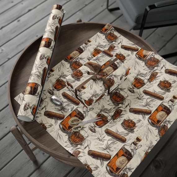 Bourbon and Cigar Wrapping Paper Whiskey Gift Wrap for Men Cigar Lover Birthday Rustic Barware Themed Fathers Day Gift Wrap