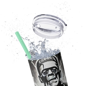 Frankenstein Skinny Tumbler Cup with Straw 20oz Black and White Horror Movie Drinkware Gothic Monster Travel Mug for Halloween Horror Fans