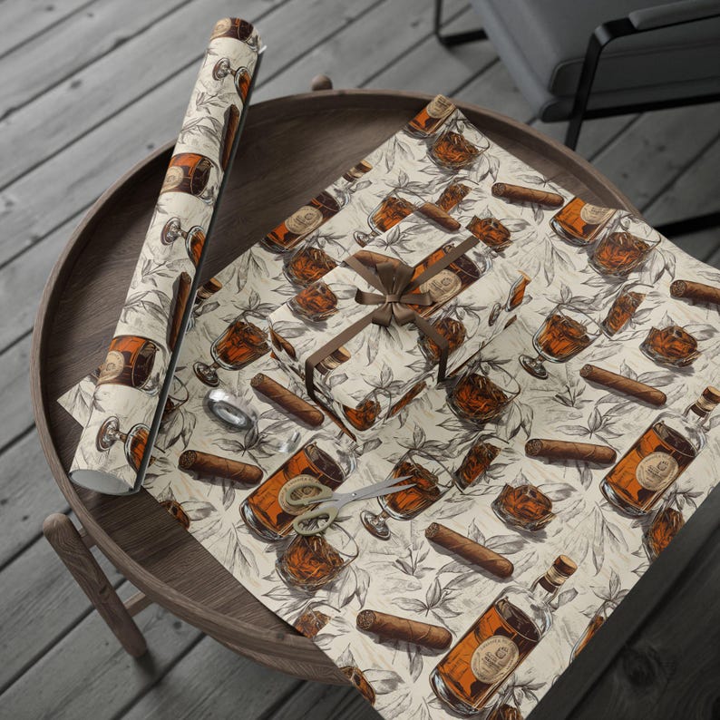 Bourbon and Cigar Wrapping Paper Whiskey Gift Wrap for Men Cigar Lover Birthday Rustic Barware Themed Fathers Day Gift Wrap image 8