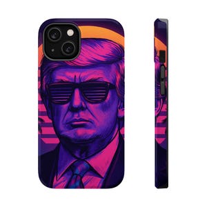 May include: A phone case with a retro-style illustration of a person wearing sunglasses. The background is a vibrant pink and blue with palm trees and a sunset.