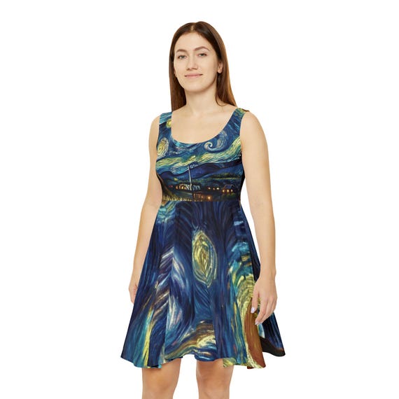 Starry Night Skater Dress Van Gogh Galaxy Print Fit and Flare Dress Aesthetic Space Art Dress for Women Date Night Parties and Festivals