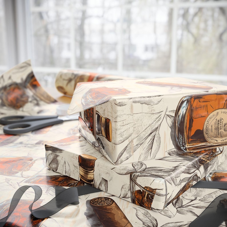 Bourbon and Cigar Wrapping Paper Whiskey Gift Wrap for Men Cigar Lover Birthday Rustic Barware Themed Fathers Day Gift Wrap image 10