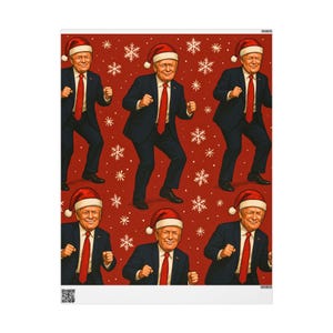 May include: A festive print featuring a repeating pattern of a man in a suit and Santa hat, set against a red background with white snowflakes. The man is wearing a navy suit, a red tie, and a Santa hat.