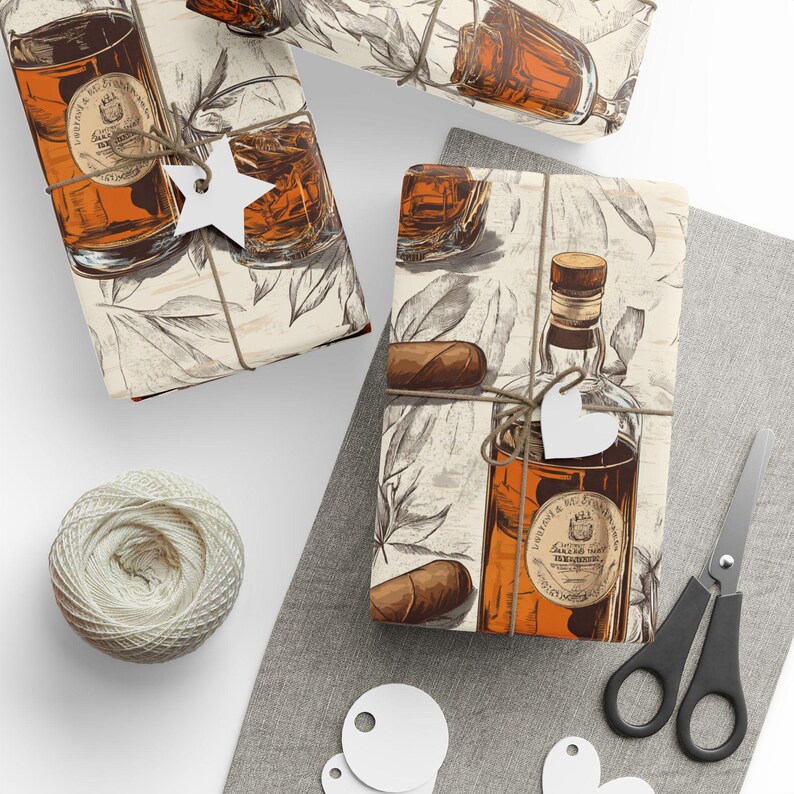 Bourbon and Cigar Wrapping Paper Whiskey Gift Wrap for Men Cigar Lover Birthday Rustic Barware Themed Fathers Day Gift Wrap image 7