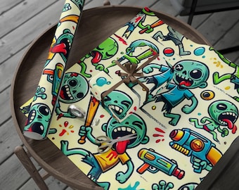 Cartoon Zombie Wrapping Paper Funny Halloween Gift Wrap for Kids Horror Fans Spooky Birthday Parties Creepy Cute Present Wrap