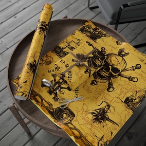 Papel de regalo pirata, mapa del tesoro vintage, papel de regalo, decoración de fiesta pirata, calaveras y huesos cruzados, barcos, monedas de oro, niños y adultos