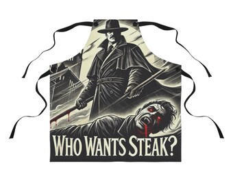 Chi vuole una bistecca? Grembiule da cucina con vampiro, divertente grembiule da chef horror, regalo da cucina gotico, grembiule da barbecue Dracula, spettrale grembiule da griglia per Halloween.
