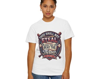 Thou Shall Not Steal Baseball-T-shirt | Grappig honkbalcitaat, retro vleermuis- en balontwerp
