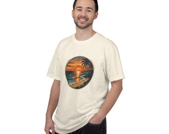 T-shirt tropische zonsondergang strandscène | Palmboom Ocean Circle