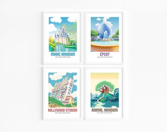 Walt Disney World Themed Retro Illustration Posters | Set of 4 | All 4 Parks