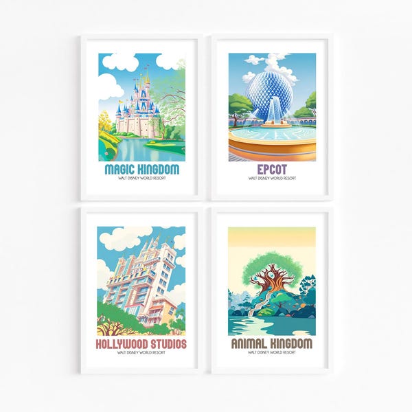 Walt Disney World Themed Retro Illustration Posters | Set of 4 | All 4 Parks