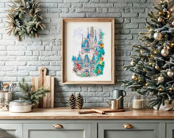 Disney Magic Kingdom Christmas Watercolour Print. Disney Christmas Print. Magic Kingdom Castle Christmas Print. Disney Christmas Poster.