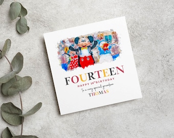 Personalised Birthday Age Card for him. Disneyland Mickey Mouse Design for any age for son, nephew, brother, dad, grandad, grandson, husband