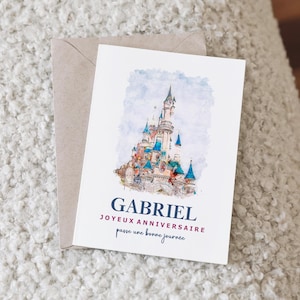 Disneyland Paris Birthday Card. Personalised for him or her. French Language. Disney Castle Design