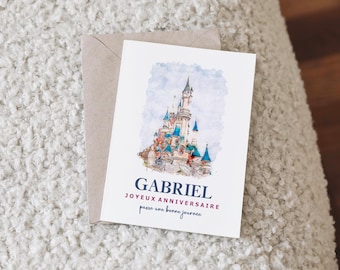 Disneyland Paris Birthday Card. Personalised for him or her. French Language. Disney Castle Design