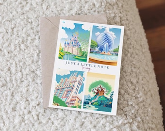 Walt Disney World Themed Just a Note to Say Greeting Card. Magic Kingdom, Epcot, Hollywood Studios, Animal Kingdom just a note to say card.