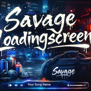 Può includere: Opera d'arte digitale con le parole "Savage Loading Screen" in stile graffiti bianco. Una borsa da viaggio nera con "Savage" è accanto a bombolette spray. Un'interfaccia del lettore musicale è in basso.