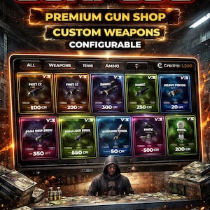 May include: Digital artwork advertising a premium gun shop with customisable weapons. The image shows a screen displaying weapon options, a person in a hoodie, and stacks of cash. Text includes "SAVAGE GUNPLUG" and "CONFIGURABLE."