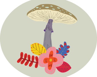 Printable Mushroom with colorful flowers illustration