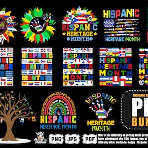 Op de afbeelding: Een verzameling kleurrijke ontwerpen ter viering van de Hispanic Heritage Month. De ontwerpen bevatten vlaggen, handafdrukken en tekst, met de woorden "Hispanic Heritage Month" prominent aanwezig. Een PNG-bundel is ook beschikbaar.