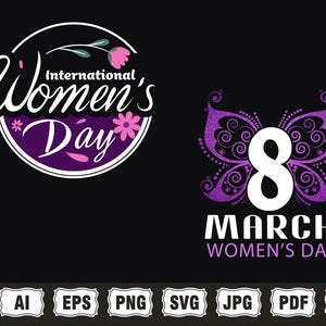 May include: International Women's Day graphic design with a purple butterfly and the number 8 in the center. The text "MARCH WOMEN'S DAY" is below the butterfly. The design is on a black background.