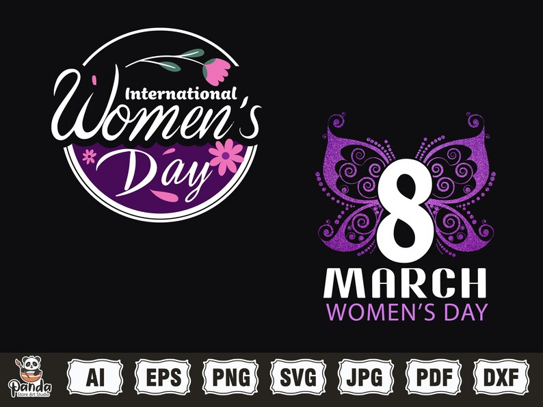 May include: International Women's Day graphic design with a purple butterfly and the number 8 in the center. The text "MARCH WOMEN'S DAY" is below the butterfly. The design is on a black background.