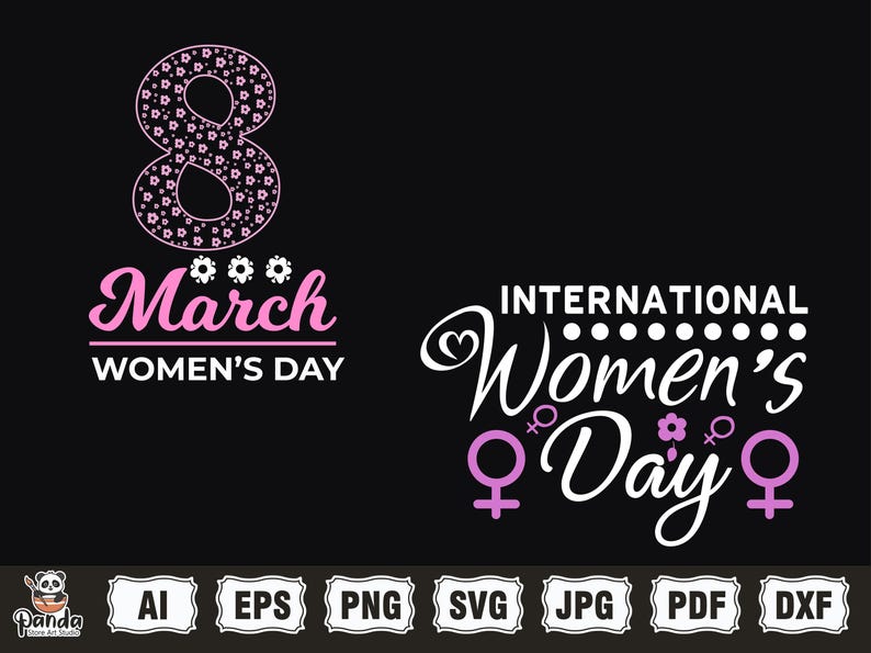 May include: A graphic design featuring the number 8 made of pink flowers, the text "March Women's Day" and the text "International Women's Day" with a pink flower and female symbols.