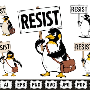 May include: Five cartoon penguins holding signs that say "RESIST". The penguins are wearing brown messenger bags. The signs are made of wood with a brown background and white text.