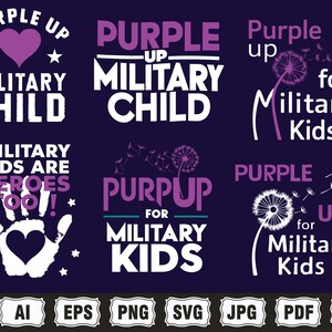 May include: Purple Up for Military Kids design set with various text and graphic elements. The designs include a heart, a handprint, a dandelion, and the text "Purple Up", "Military Child", "Military Kids", and "Heroes Too!"