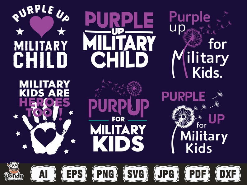 May include: Purple Up for Military Kids design set with various text and graphic elements. The designs include a heart, a handprint, a dandelion, and the text "Purple Up", "Military Child", "Military Kids", and "Heroes Too!"