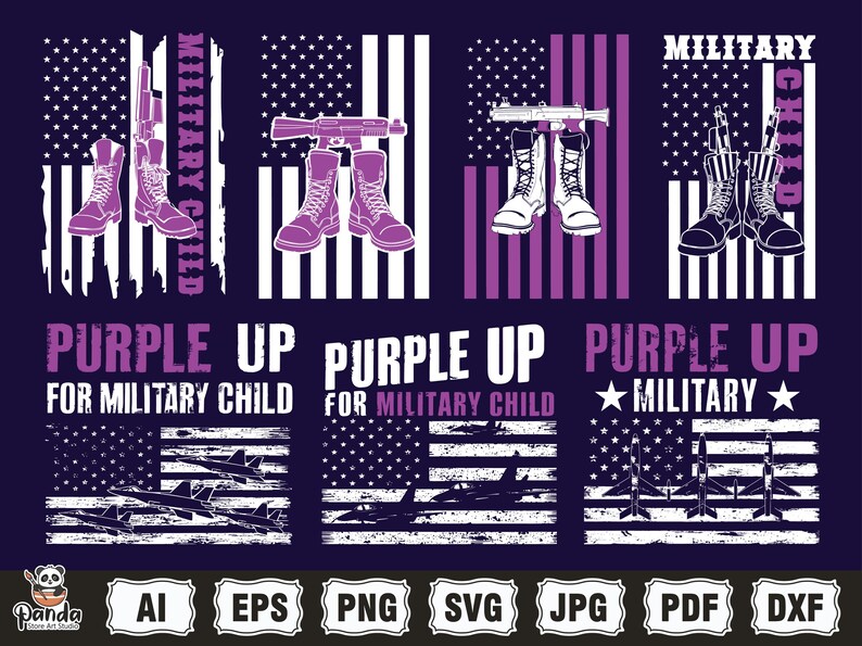May include: Purple Up for Military Child design with a distressed American flag, boots, and a rifle. The text "Purple Up for Military Child" is written in a purple font. The design also includes a distressed American flag with fighter jets.
