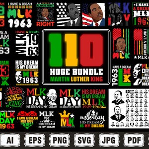 Pode incluir: Uma coleção de designs gráficos com Martin Luther King Jr. e a frase "I Have a Dream". Os designs incluem retratos, datas e as palavras "MLK" e "1963" em vários estilos e cores. Um grande pacote de arte digital.