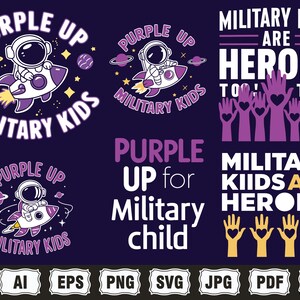 May include: Purple Up for Military Kids graphic design set with an astronaut in a rocket ship, text, and handprints. The text includes "Purple Up for Military Kids", "Military Kids Are Heroes", and "Purple Up for Military Child".