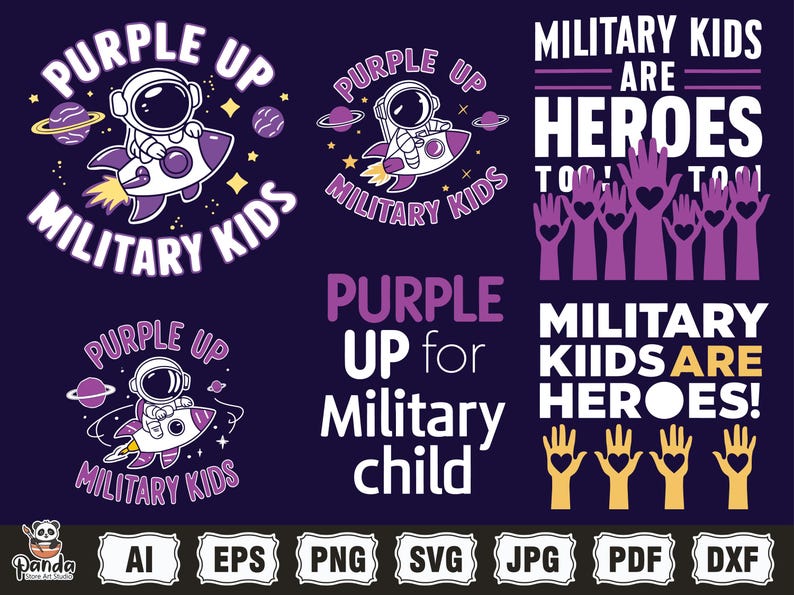 May include: Purple Up for Military Kids graphic design set with an astronaut in a rocket ship, text, and handprints. The text includes "Purple Up for Military Kids", "Military Kids Are Heroes", and "Purple Up for Military Child".