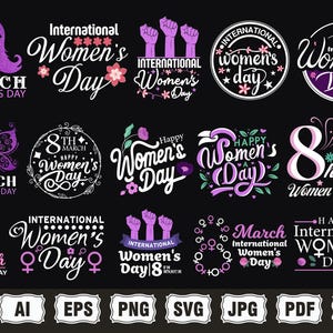 Paquete de svg png del Día Internacional de la Mujer, svg del Día de la Mujer 2025, regalo del Día de la Mujer del 8 de marzo, diseño de citas del Día de la Mujer del 8 de marzo, svg de Mujeres Fuertes