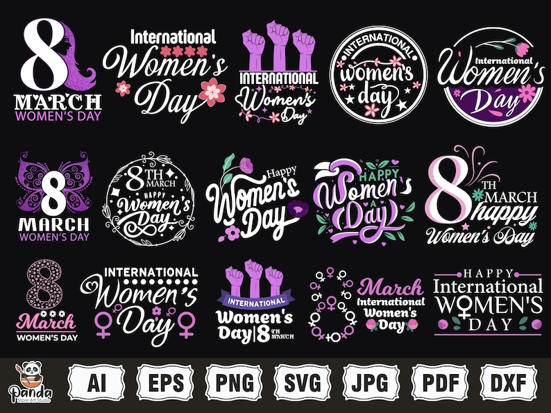 May include: A collection of 12 different graphic designs for International Women's Day. The designs feature the number 8, the words "Women's Day", and various floral and symbolic elements. The designs are in a variety of colors, including purple, pink, and white.